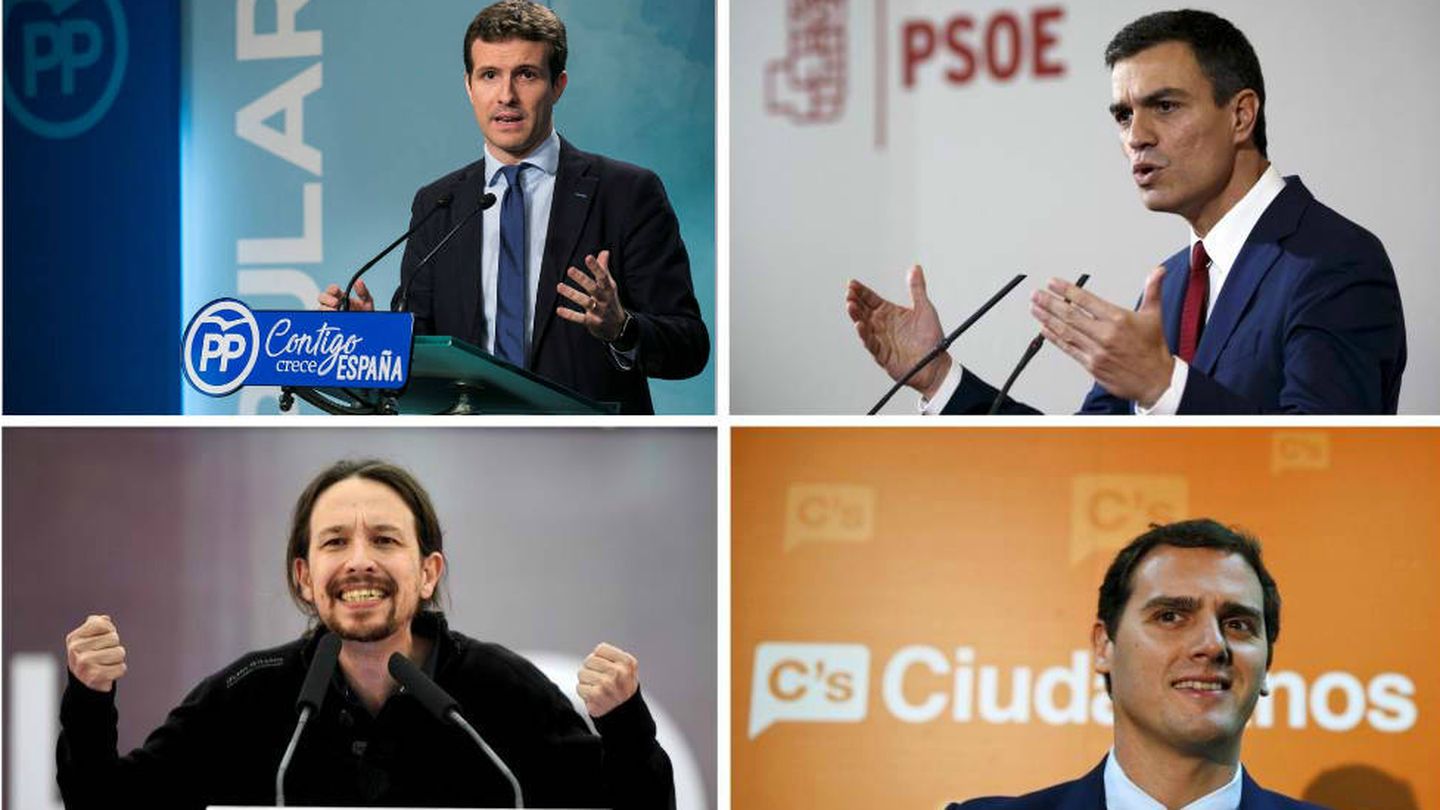 Los líderes de los cuatro grandes partidos: Pablo Casado (PP), Pedro Sánchez (PSOE), Pablo Iglesias (Podemos) y Albert Rivera (Cs). (Montaje: EC)