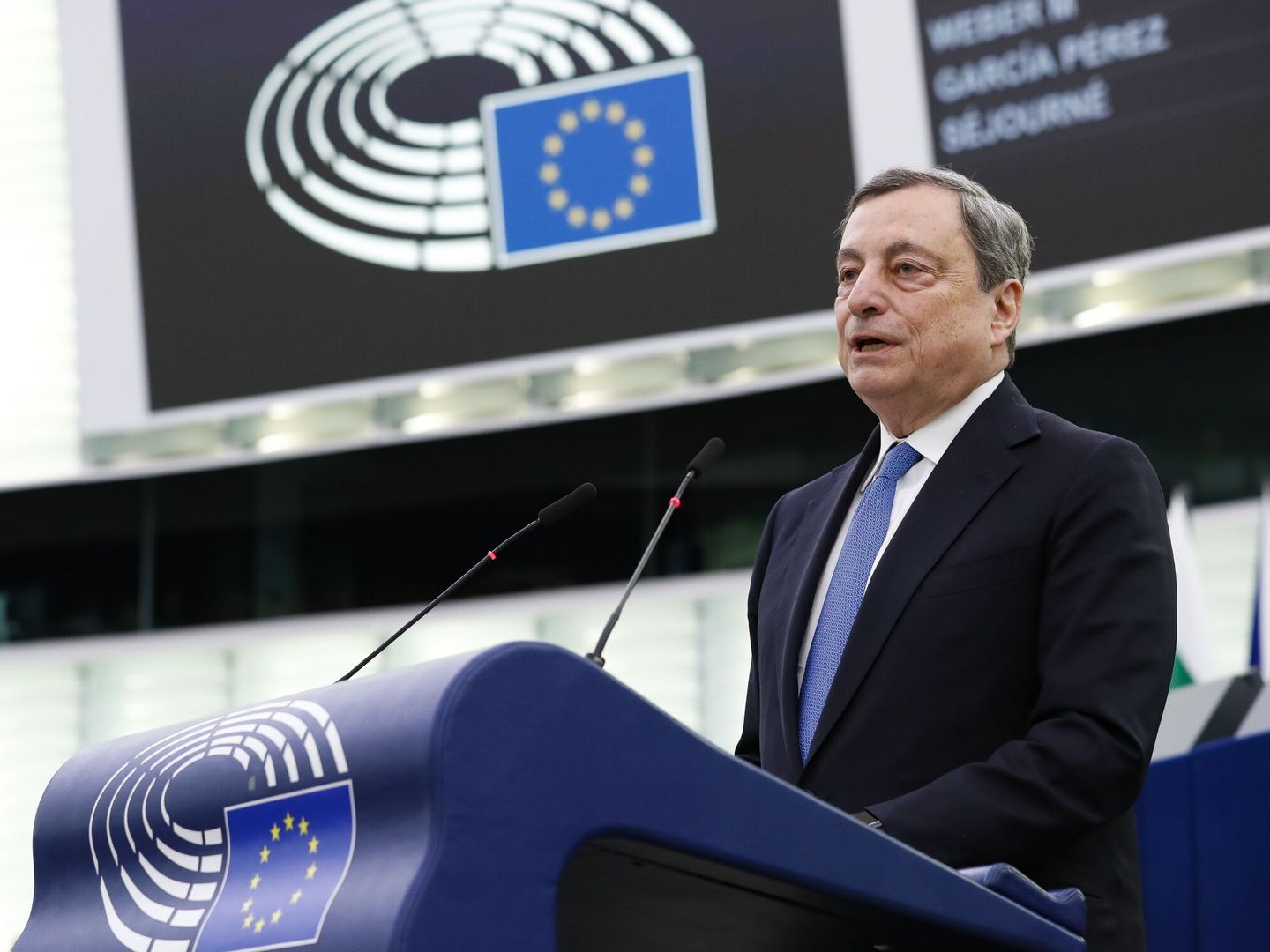 Draghi durante su discurso ante el Parlamento Europeo en Estrasburgo. (EFE)