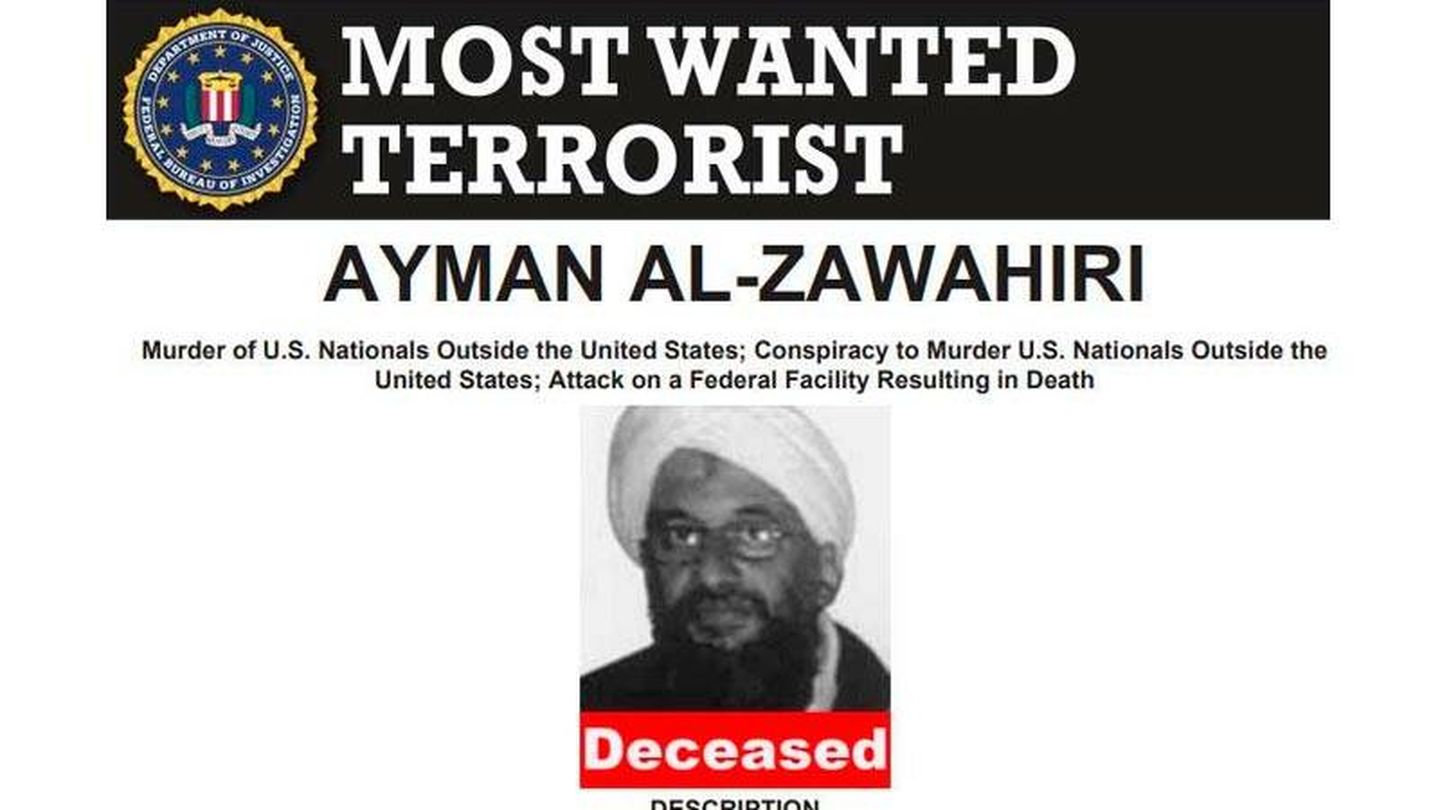 La ficha del FBI contra Ayman al Zawahiri ya recoge su muerte. (FBI)
