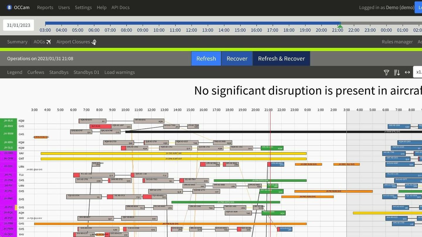 Captura de pantalla del 'software' desarrollado por Pau Collelmir para reorganizar vuelos y recursos en caso de retrasos y cancelaciones. (Cedida)
