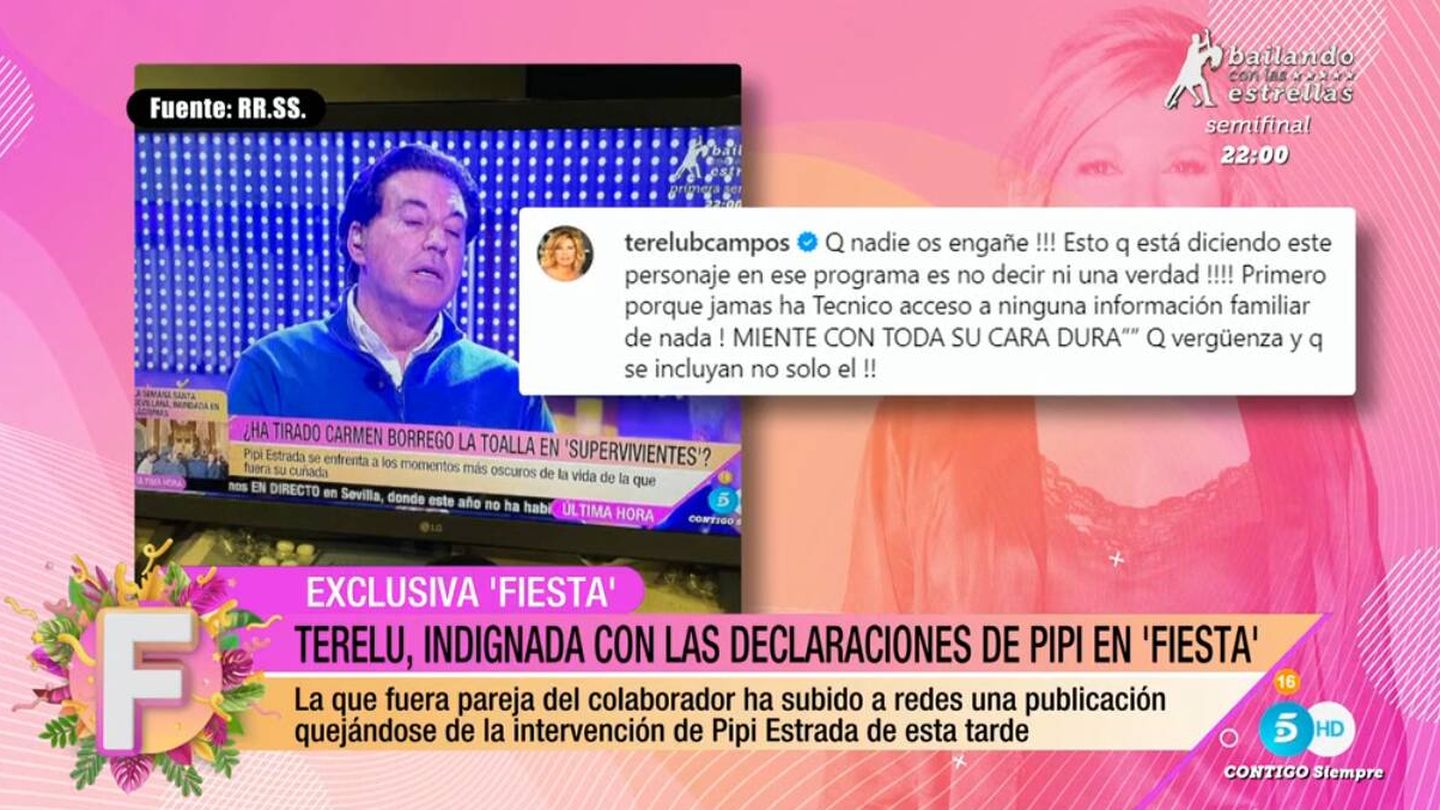 El mensaje que Terelu Campos le ha dedicado a Pipi Estrada. (Mediaset)