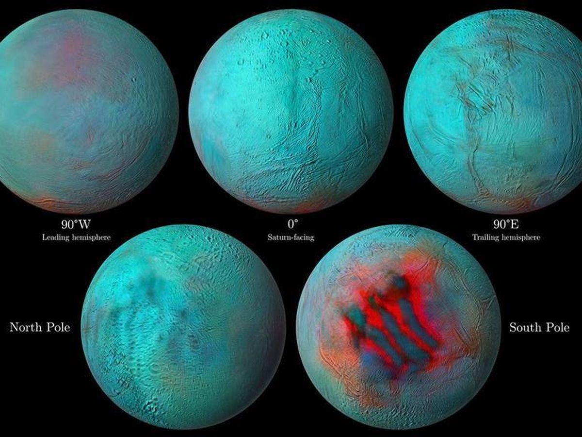 Foto: Imágenes infrarrojas de Encelado. Foto: NASA/JPL-Caltech