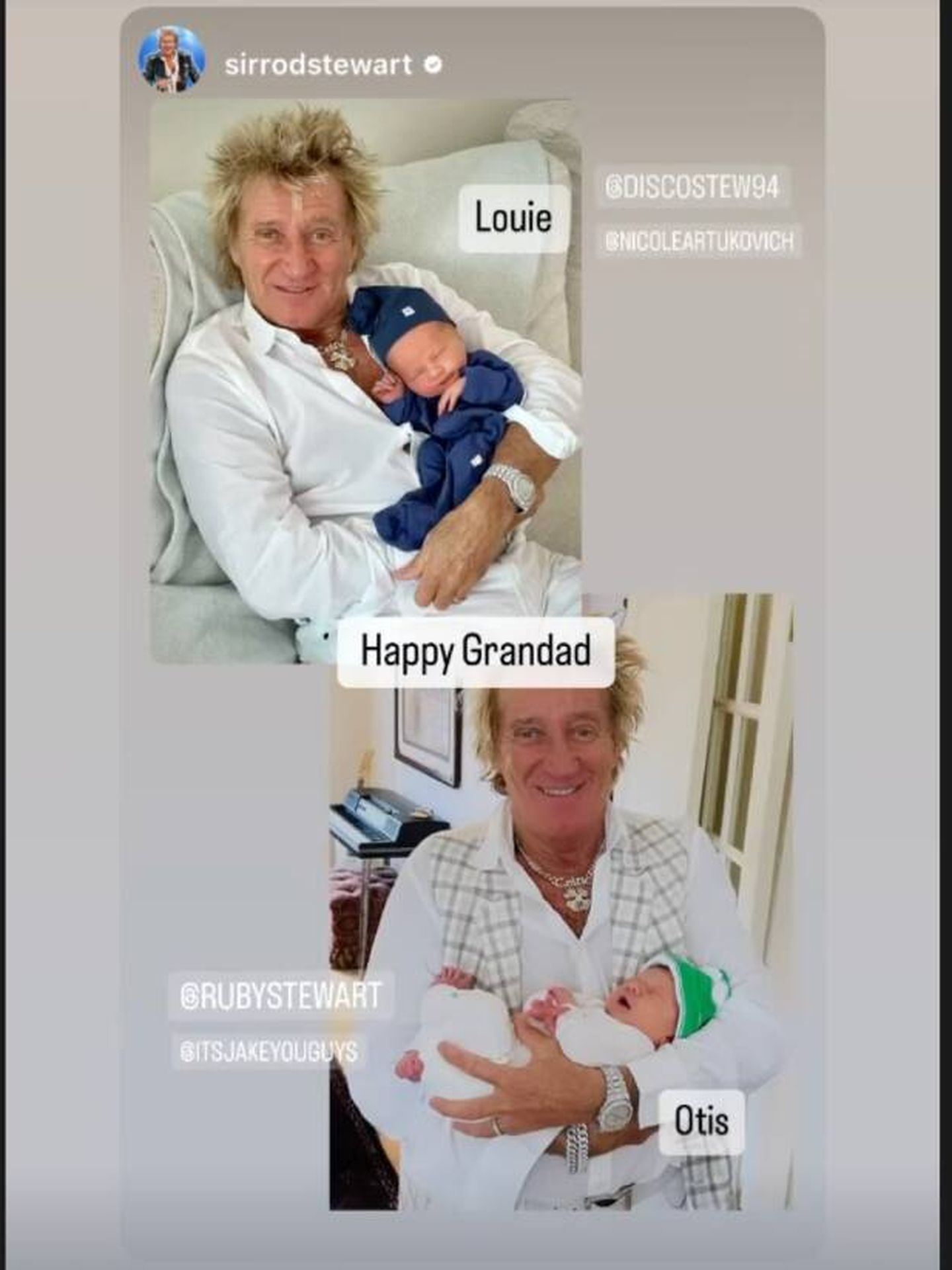 Rod Stewart, con sus nietos Oti y Louie. (Instagram/@itsjakeyouguys)