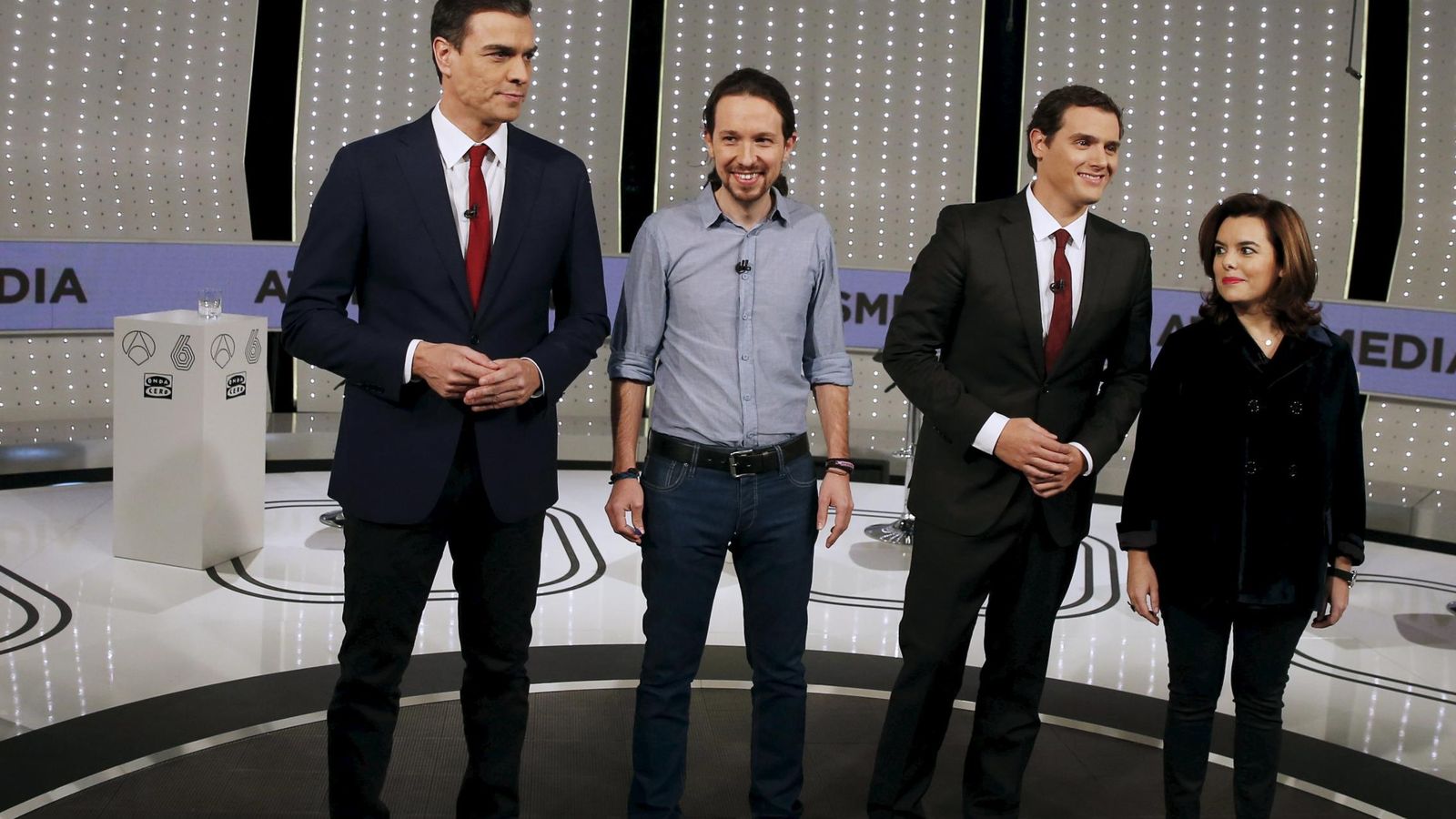 Foto: Pedro Sánchez, Pablo Iglesias, Albert Rivera y Soraya Sáenz de Santamaría en el debate. (Reuters) 