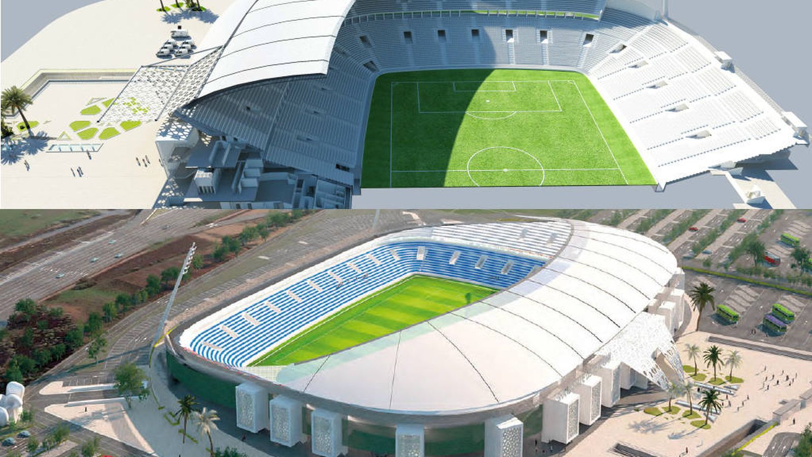 Foto: Arriba, el diseño ganador en el concurso del Gran Estadio de Tetuán presentado por Nawfal Bakhat, y abajo el original de Carlos Lamela