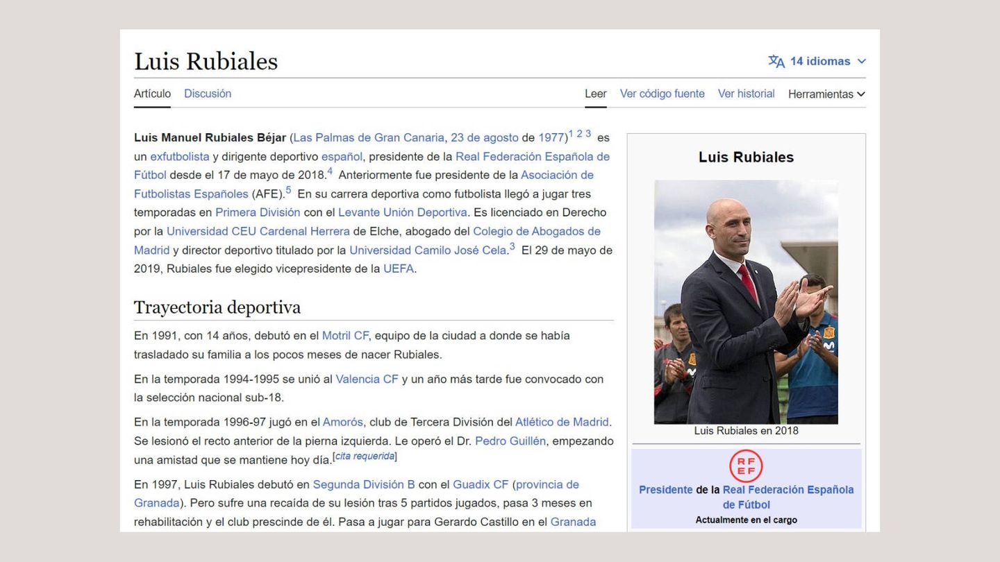 Perfil de Wikipedia de Luis Rubiales. (Wikipedia)