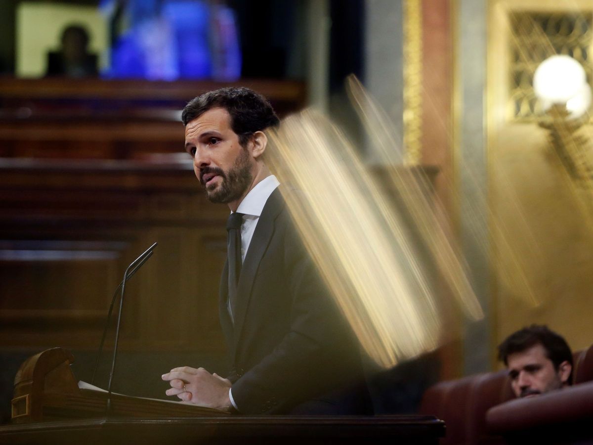 Foto: El líder del PP, Pablo Casado, en la tribuna del Congreso. (EFE)