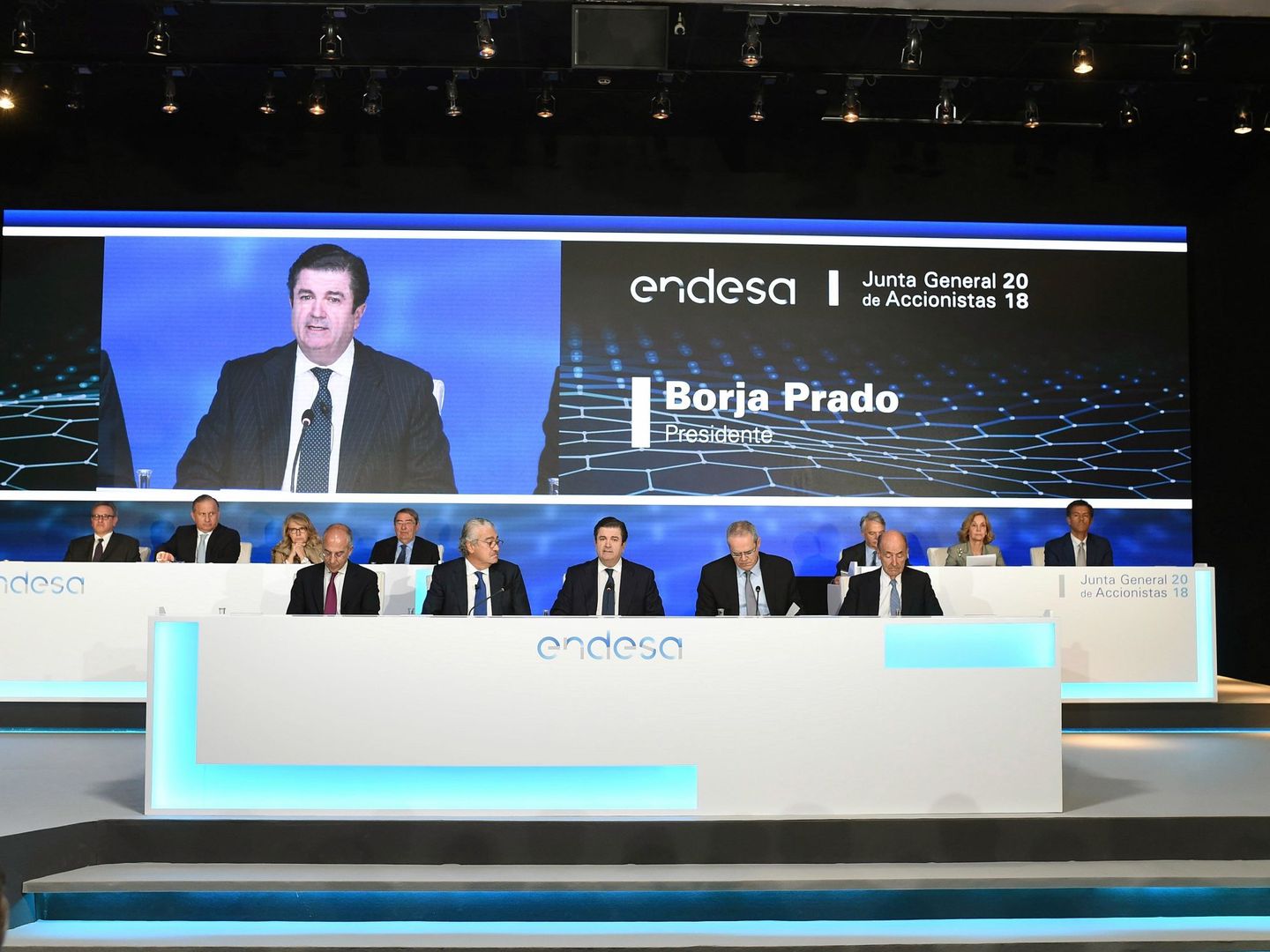 El presidente de la compañía de electricidad Endesa, Borja Prado, interviene durante la Junta de accionistas de Endesa en 2018 (EFE)