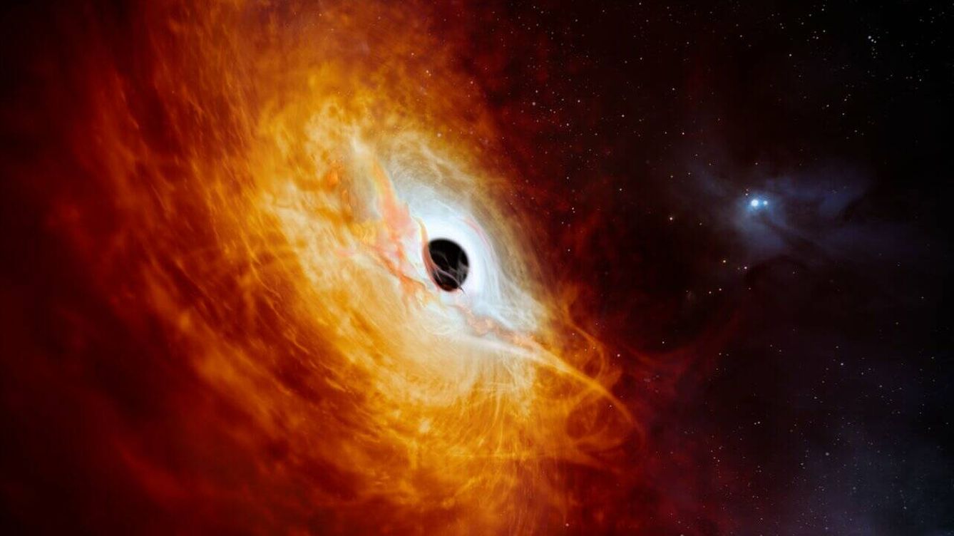 Foto: Ilustración que muestra el cuásar J059-4351 y su agujero negro. (ESO/M. Kornmesser)