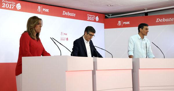 Foto: Susana Díaz, Patxi López y Pedro Sánchez, durante el debate a tres en Ferraz, este 15 de mayo. (EFE)