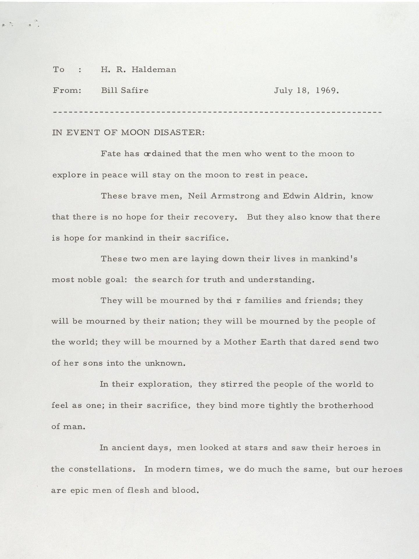 El anuncio preparado para Nixon en caso de que Armstrong y Aldrin hubieran muerto en la Luna