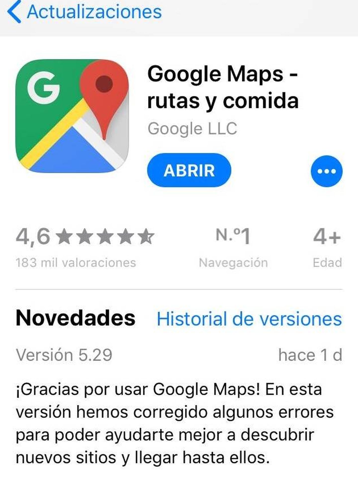 Actualización de Google Maps a la versión 5.29 en iOS.
