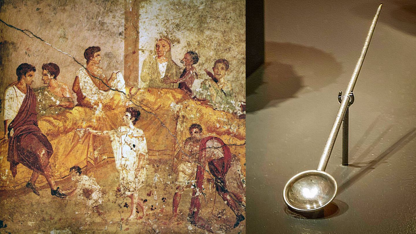 Un banquete multigeneracional representado en un mural de Pompeya. / Cuchara romana. (Wikimedia)