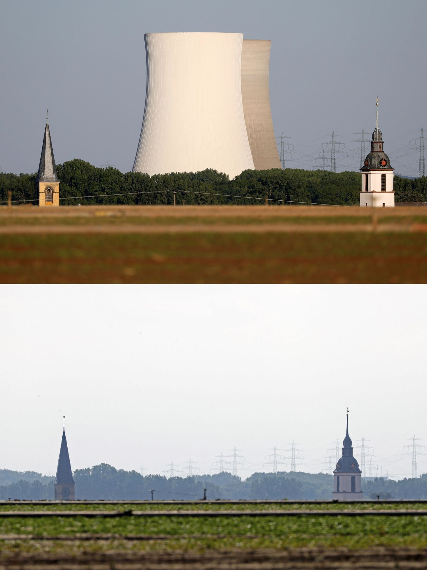Antes y después de la demolición de una planta nuclear en Phillipsburg, Alemania. (Reuters)