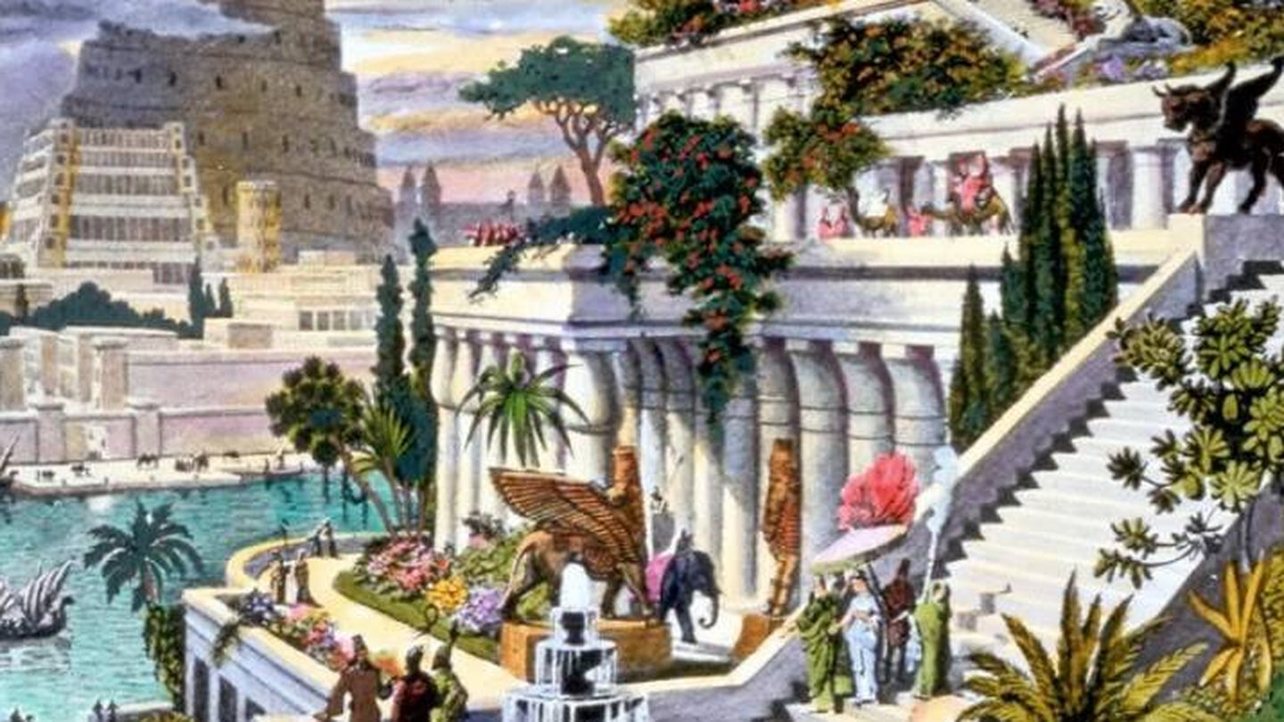 Pintura de los Jardines Colgantes de Babilonia con la Torre de Babel al fondo. (siglo XIX)