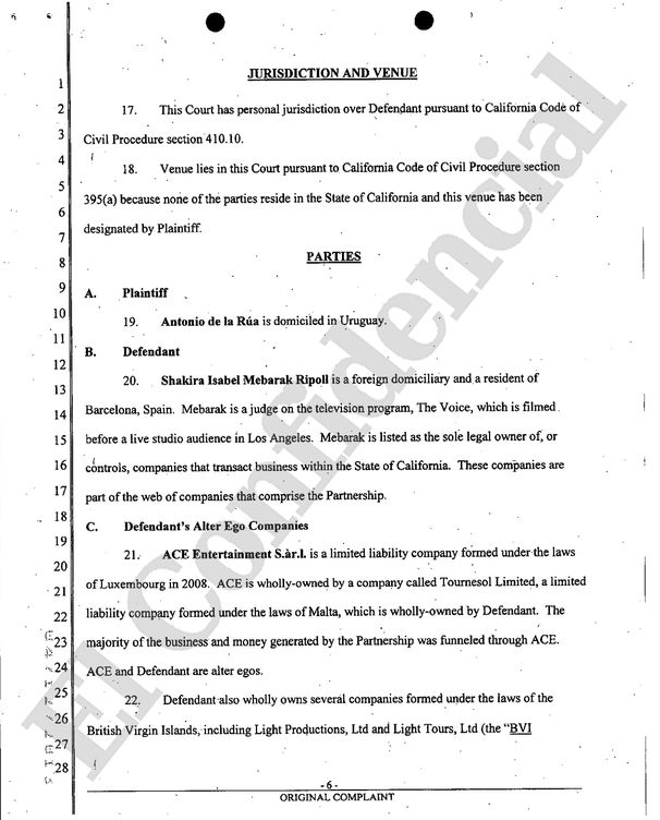 Documento judicial de EEUU que reconocía en 2013 la residencia permanente de Shakira en Barcelona.