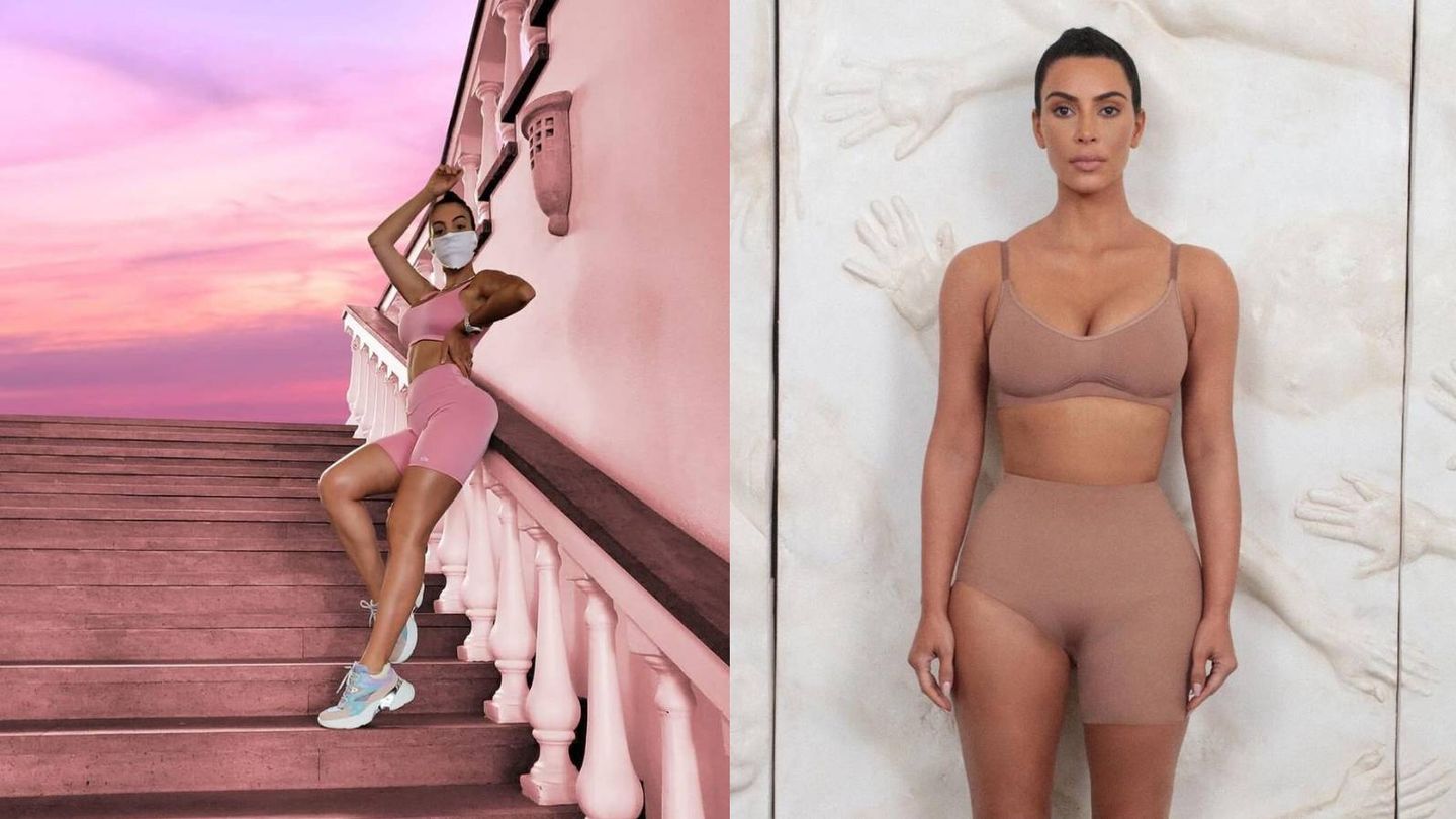 Georgina Rodríguez en mallas y Kim Kardashian en su faja Skims. (Instagram)