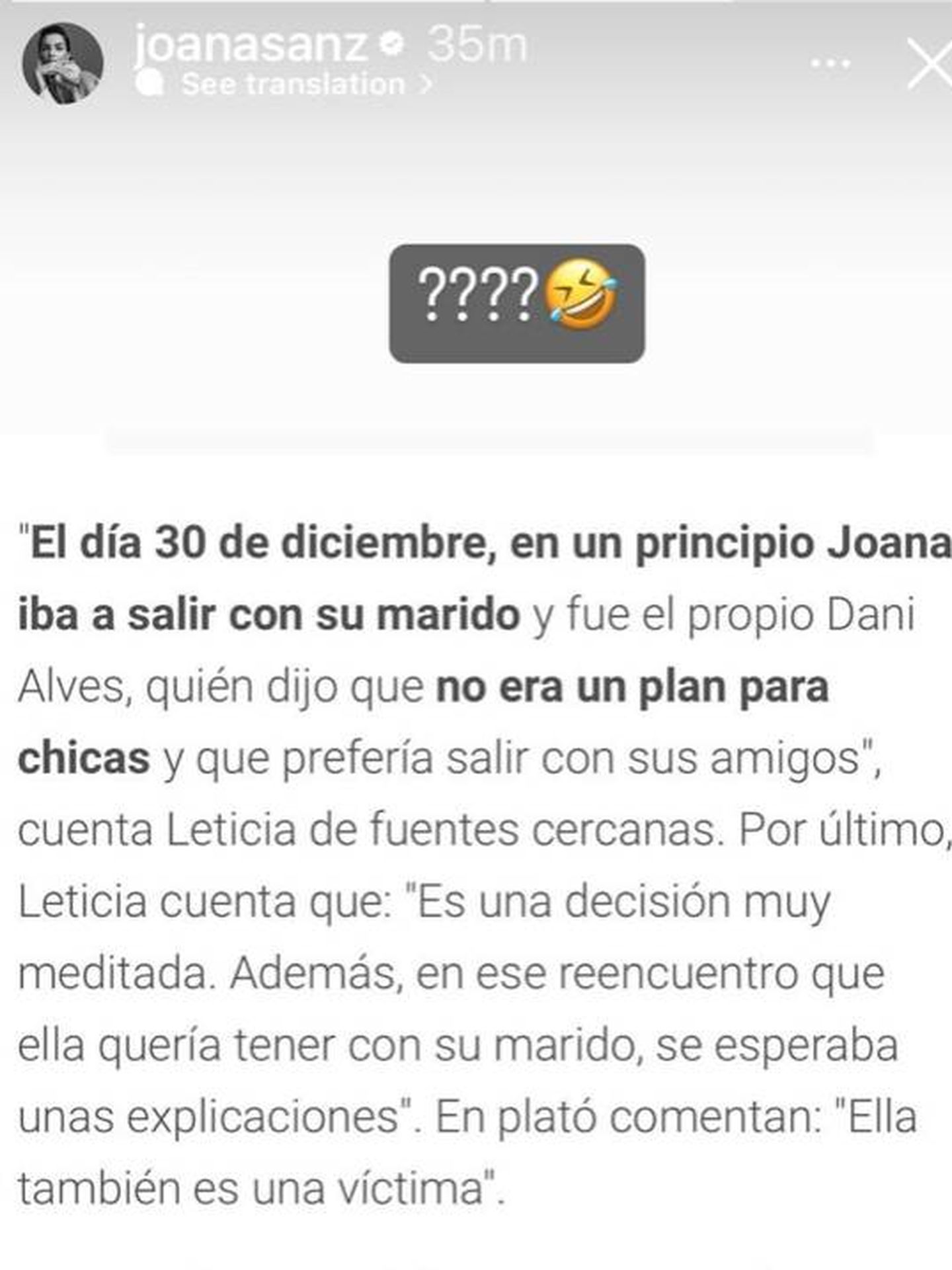 Joana Sanz, en sus historias de Instagram. (Instagram/@joanasanz)