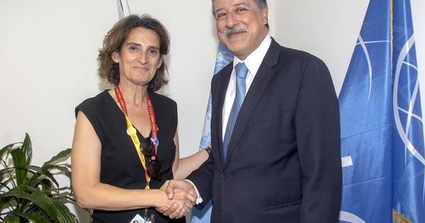 Foto: La ministra española de Transición Ecológica, Teresa Ribera, saluda al director general de la Agencia Internacional de las Energías Renovables (IRENA), Adnan Z. Amin el pasado julio. (EFE)