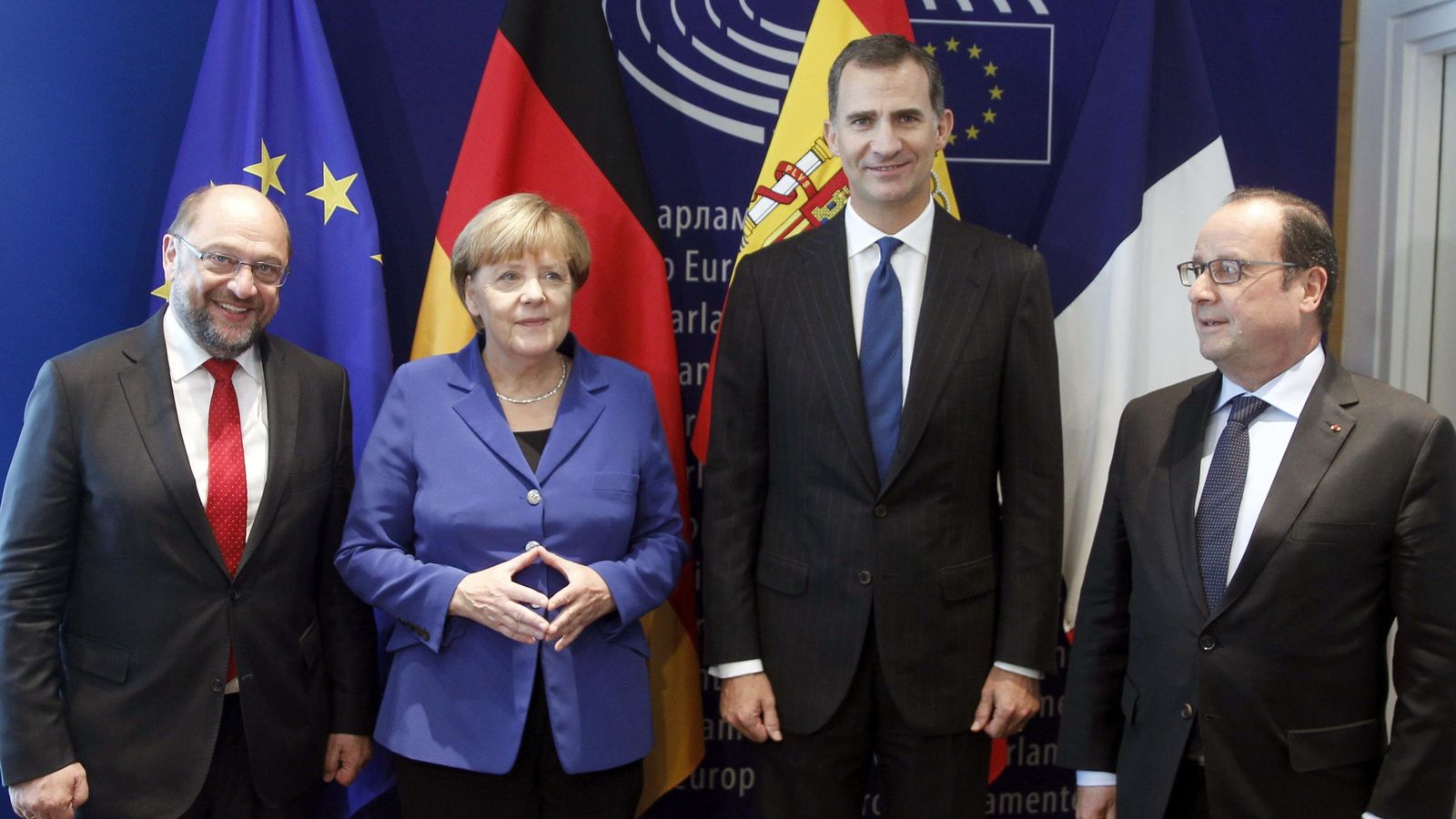 Foto: Martin Schulz, Angela Merkel, el rey Felipe VI y François Hollande. (EFE)