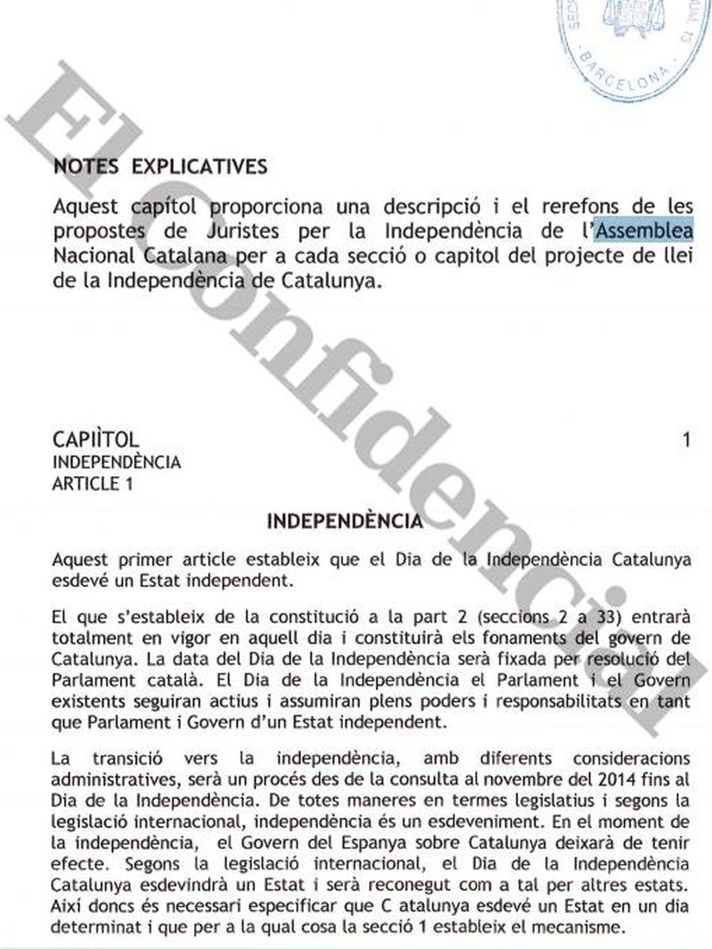 Primera página del borrador de ley de independencia elaborado por Sebastià Sardiné.