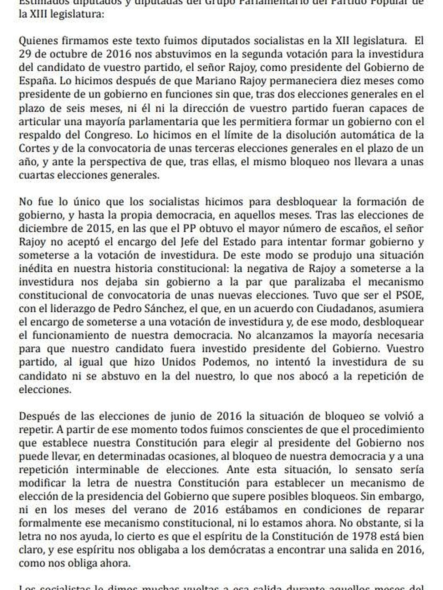 Consulte aquí en PDF la carta de los diputados socialistas que se abstuvieron en 2016 con Mariano Rajoy y que piden al PP que devuelva el gesto. 