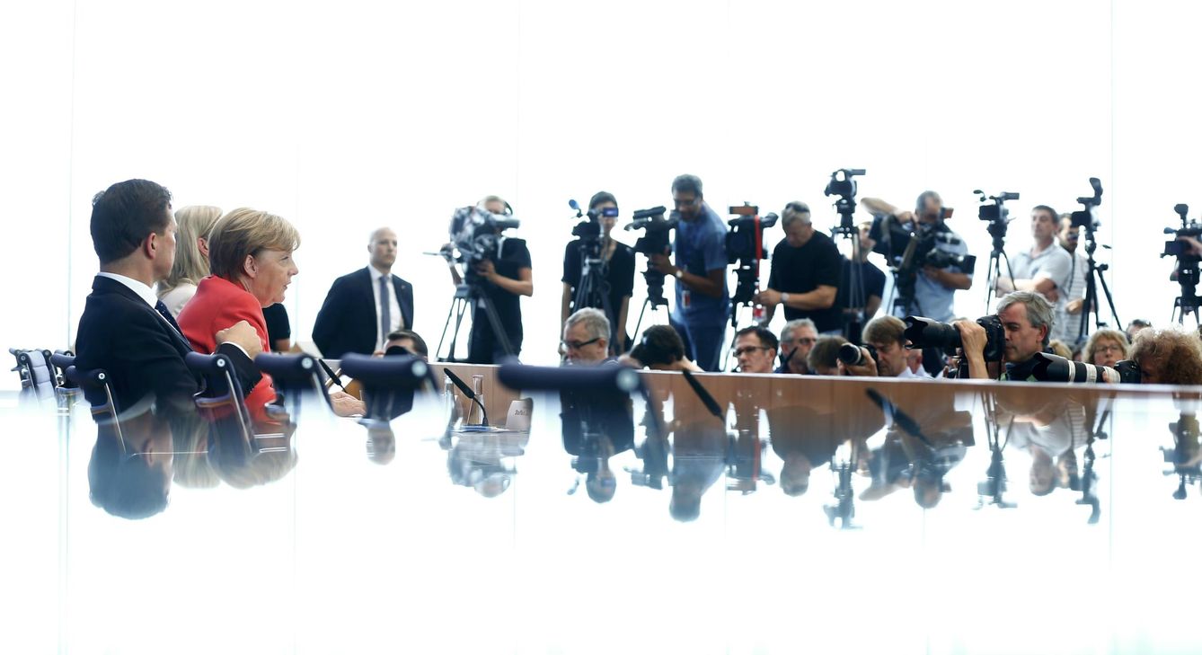La canciller Merkel durante una conferencia sobre las actuaciones de su Gobierno, en Berlín. (Reuters)