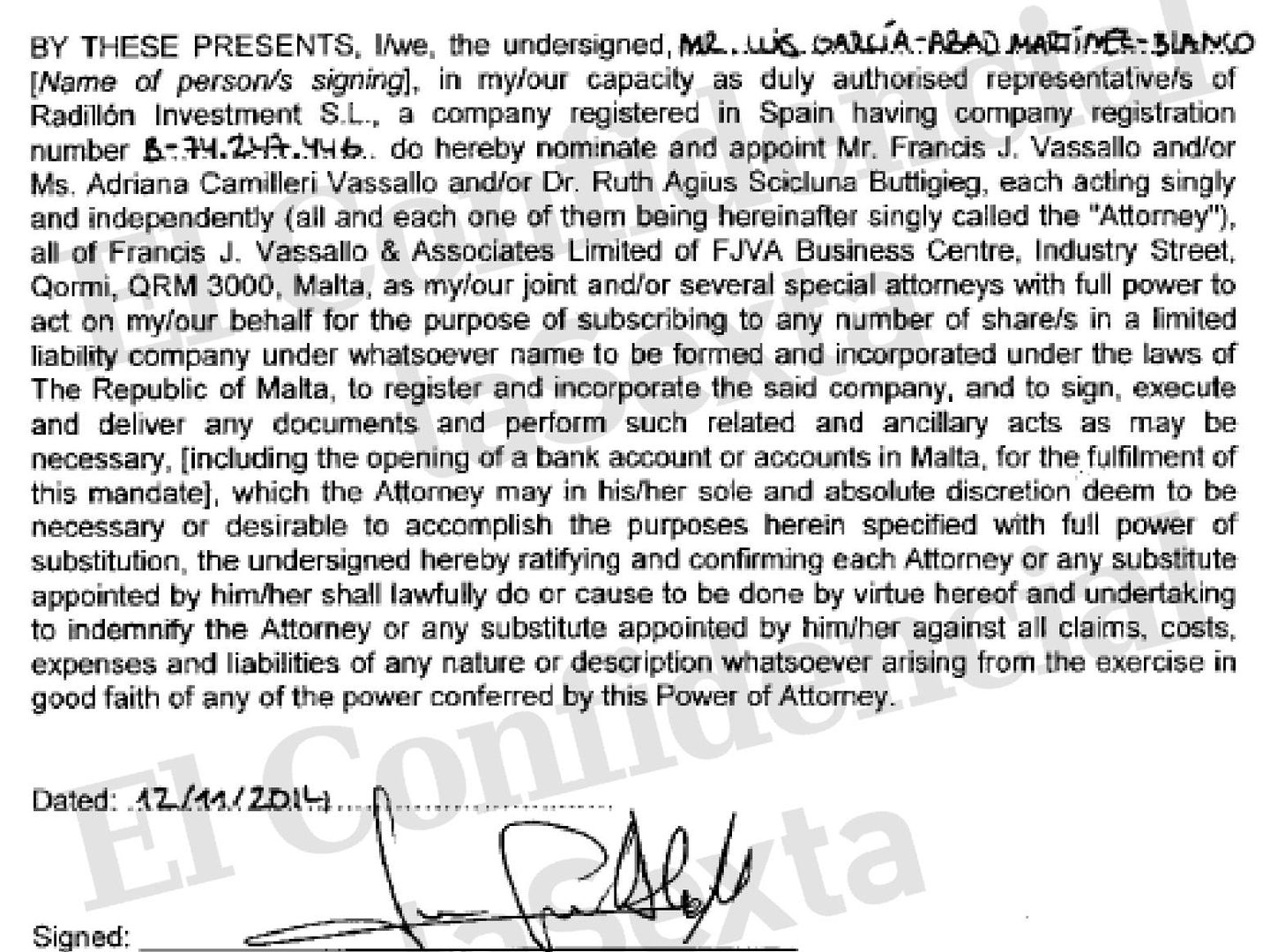 Poder legal firmado por Luis García Abad para la firma de documentos del registro de Malta.