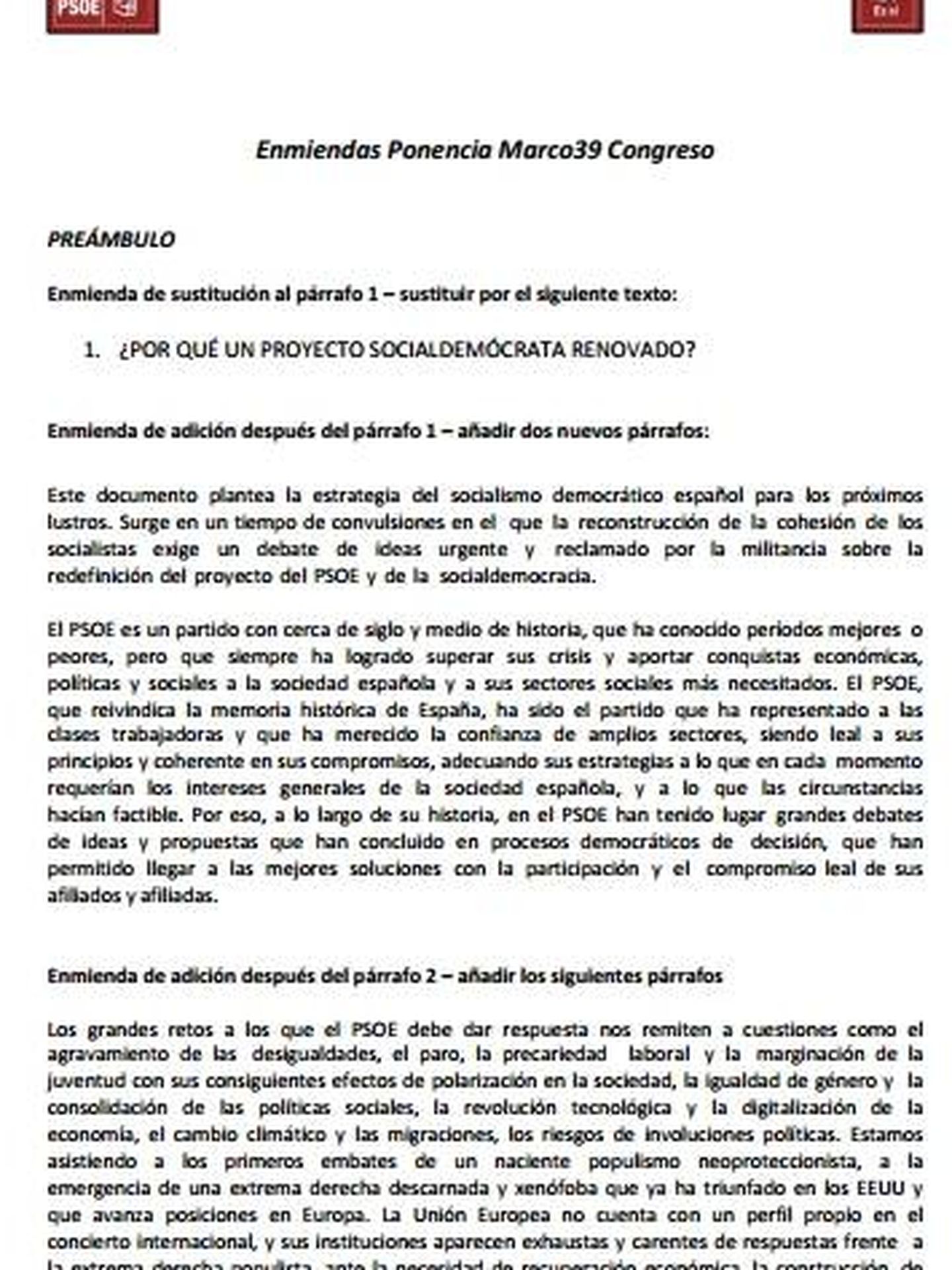 Consulta en PDF las enmiendas de Pedro Sánchez a la ponencia marco impulsada por la gestora del PSOE. (EC)