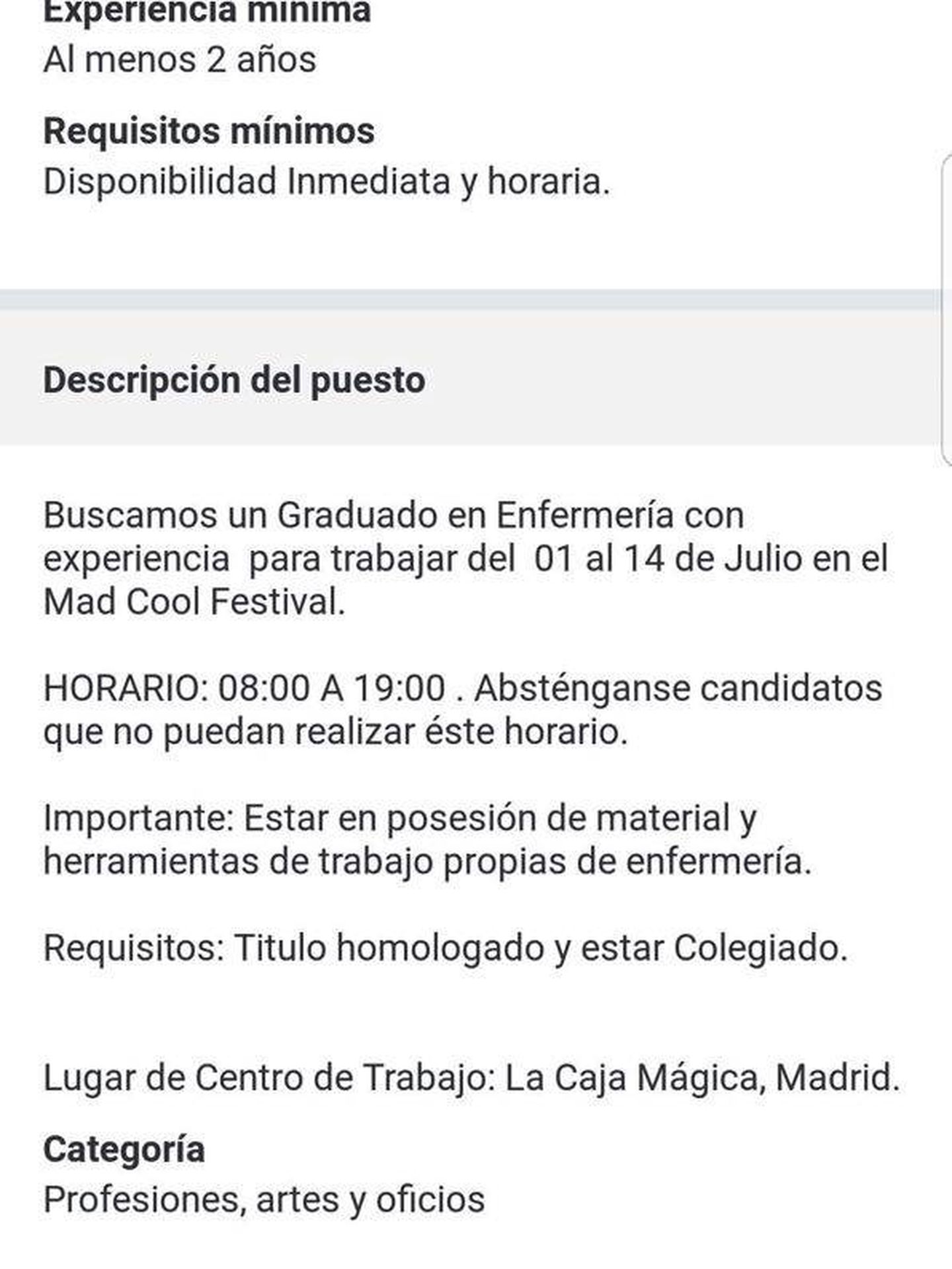 Polémica oferta de empleo del Mad Cool Festival.