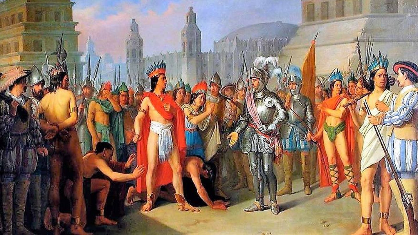 Dibujo de Hernán Cortés frente al emperador Moctezuma.