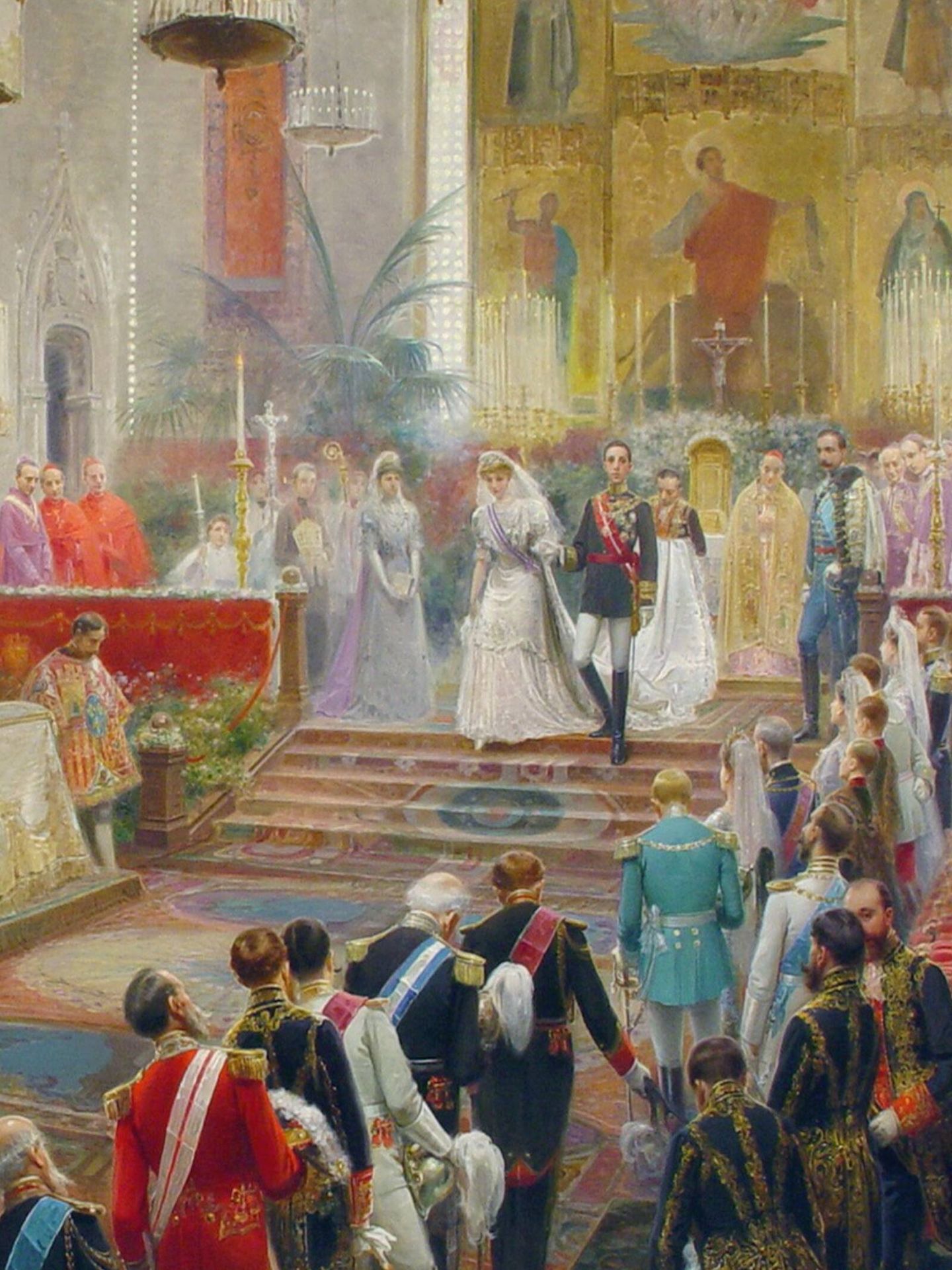 Celebración de la misa nupcial entre Victoria Eugenia y Alfonso XIII en los Jerónimos, cuadro de Julio Borrel. (Patrimonio Nacional/Cortesía)