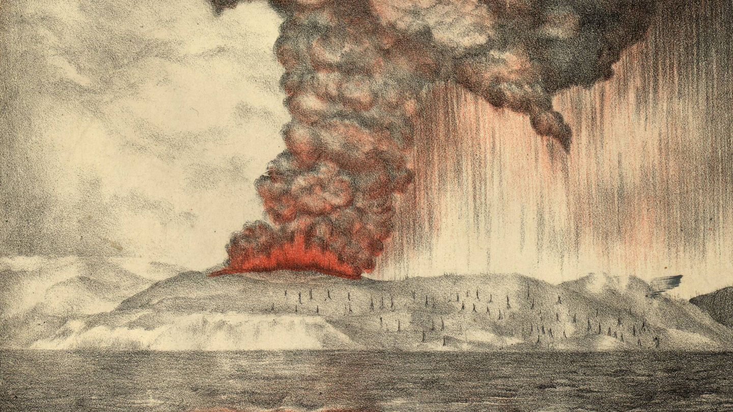 Una litografía de 1888 de la erupción del volcán Krakatoa en 1883. (Wikipedia)