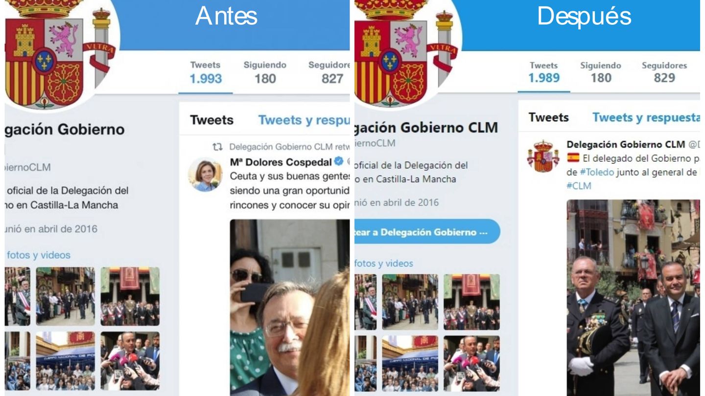 Cuenta en Twitter de la Delegación del Gobierno, antes y después de borrar el mensaje