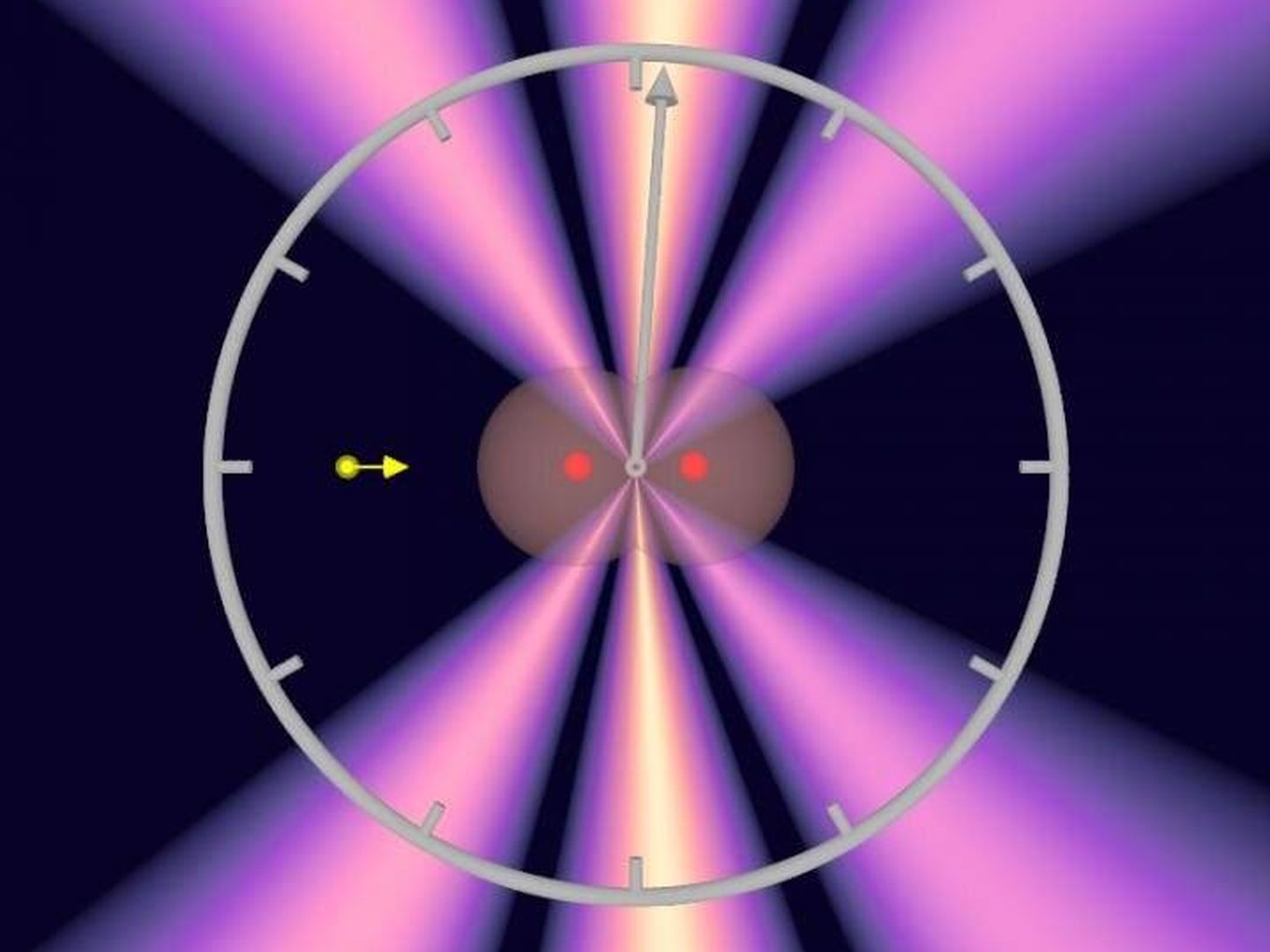 El fotón (amarillo) produce ondas que salen de la molécula de hidrógeno (rojo) y crean un patrón de interferencia (representado en violeta). (Universidad Goethe de Frankfurt)