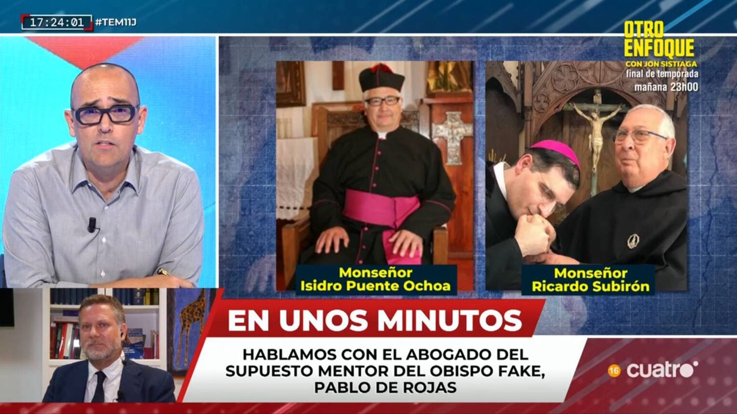 Risto Mejide y las imágenes de los dos obispos que han confundido. (Mediaset)
