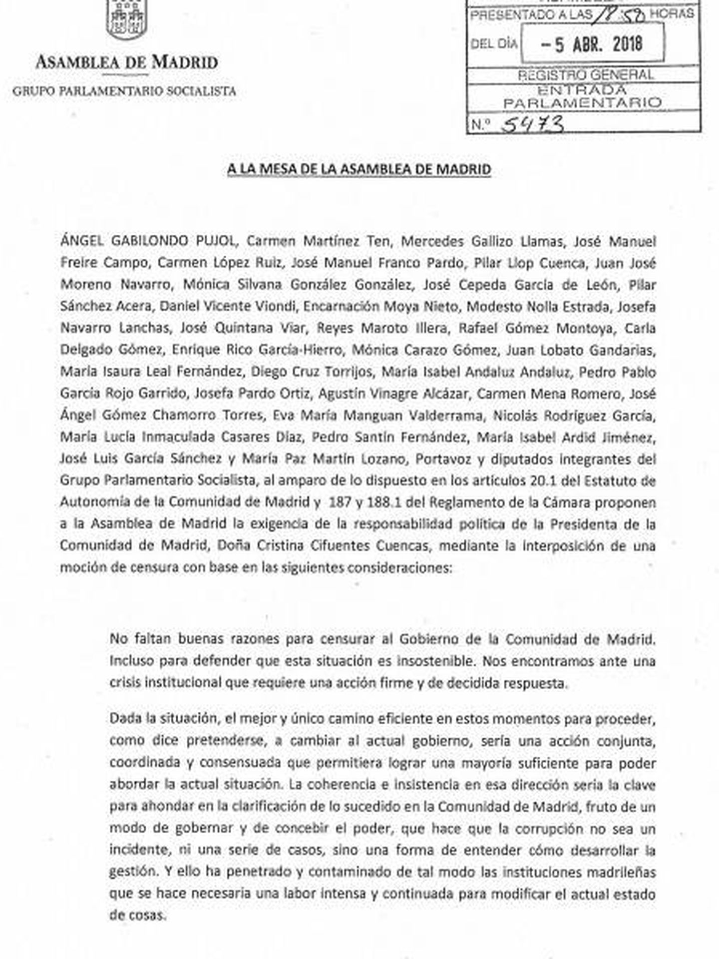 Consulta aquí en PDF el texto de la moción de censura contra Cristina Cifuentes presentada por el PSOE. (EC)