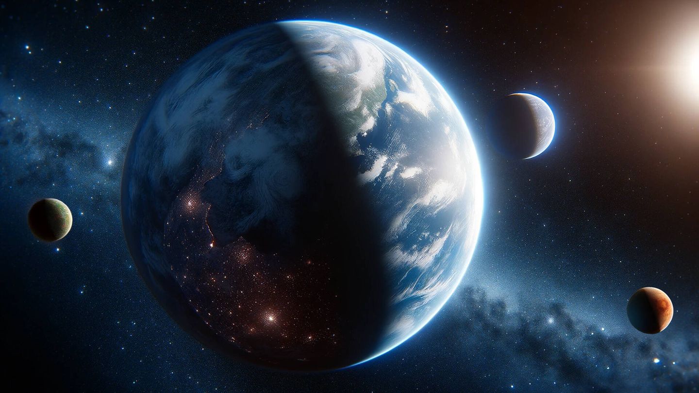 Una ilustración de un exoplaneta habitado con varias lunas. (Inteligencia artificial/Dall-e/Novaceno)