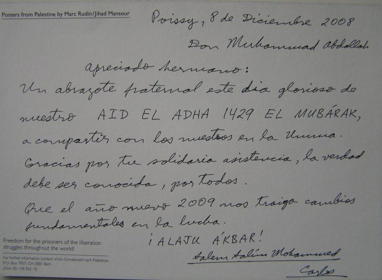 Carta de Ilich Ramirez a su 'webmaster' Muhammad Abdallah