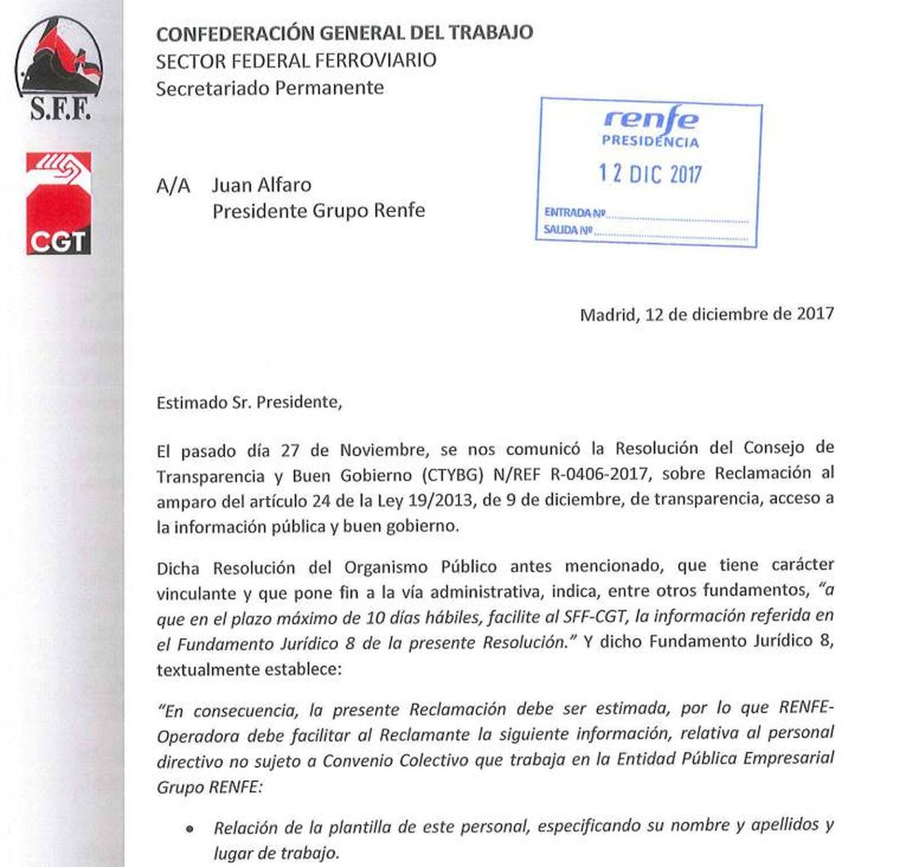 Carta remitida al presidente de Renfe-Operadora, Juan Alfaro.