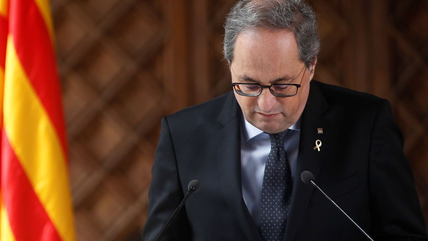 El presidente de la Generalitat, Quim Torra, durante la declaración instituciona de este miércoles en el Palau. (EFE)