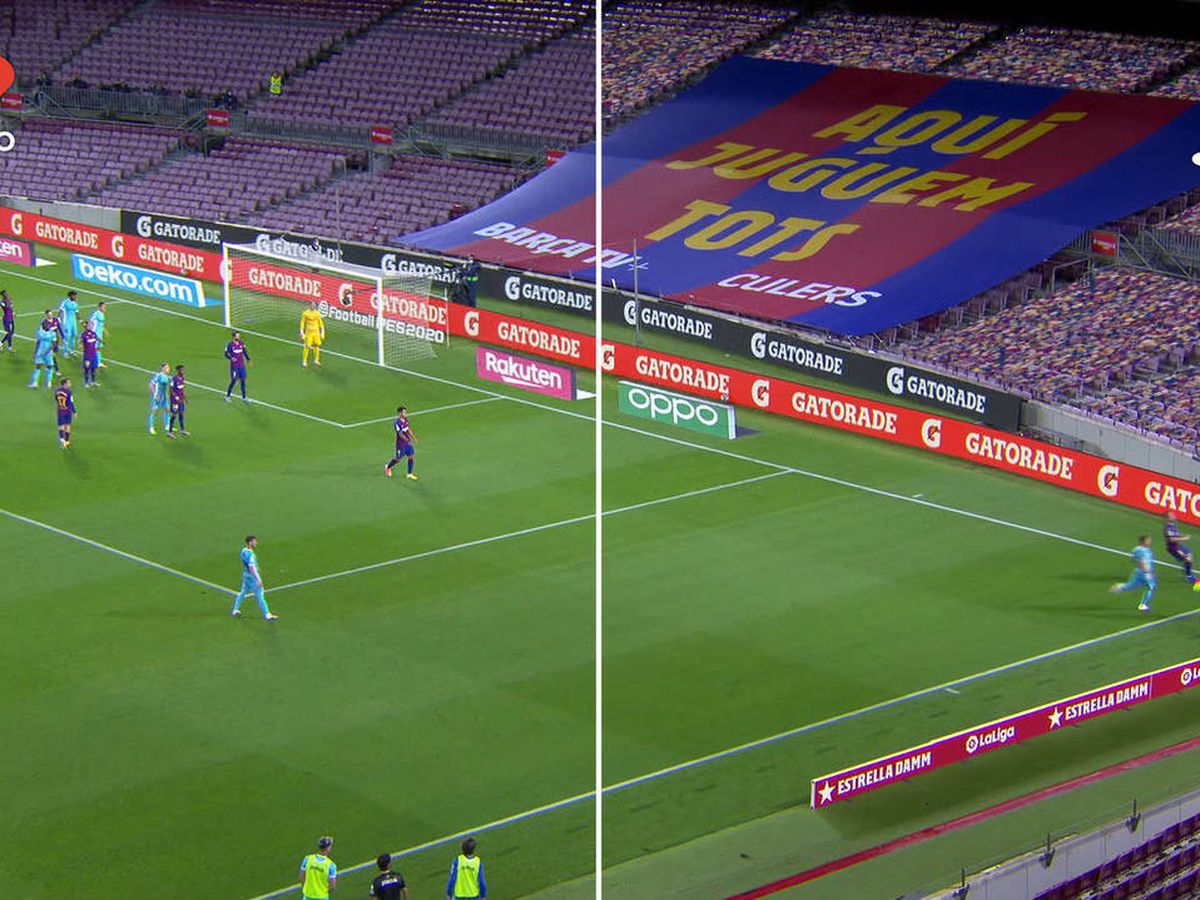 Foto: Comparación entre la señal real y la virtual en un partido en el Camp Nou. 