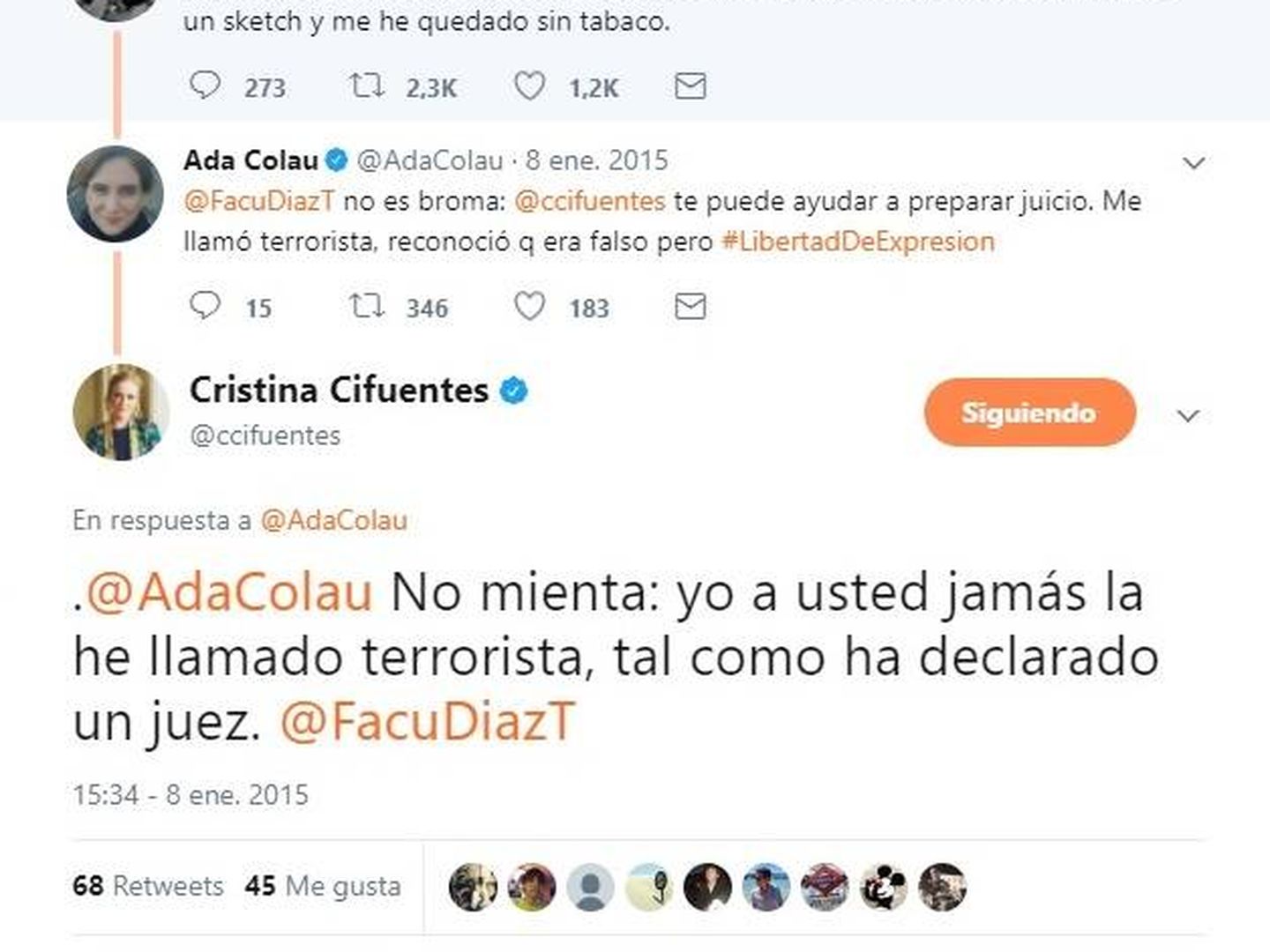 Mensajes en Twitter entre Colau y Cifuentes recordándose su periplo judicial