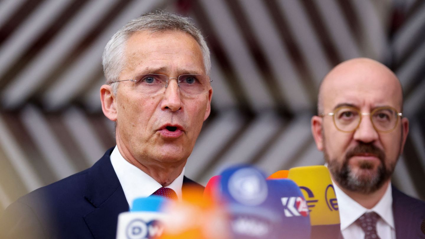 NATO Secretary General Jens Stoltenberg and Charles Michel, the President of the European Council,  speak to the media as they attend the European Union leaders summit in Brussels, Belgium June 29, 2023.  REUTERS Johanna Geron
