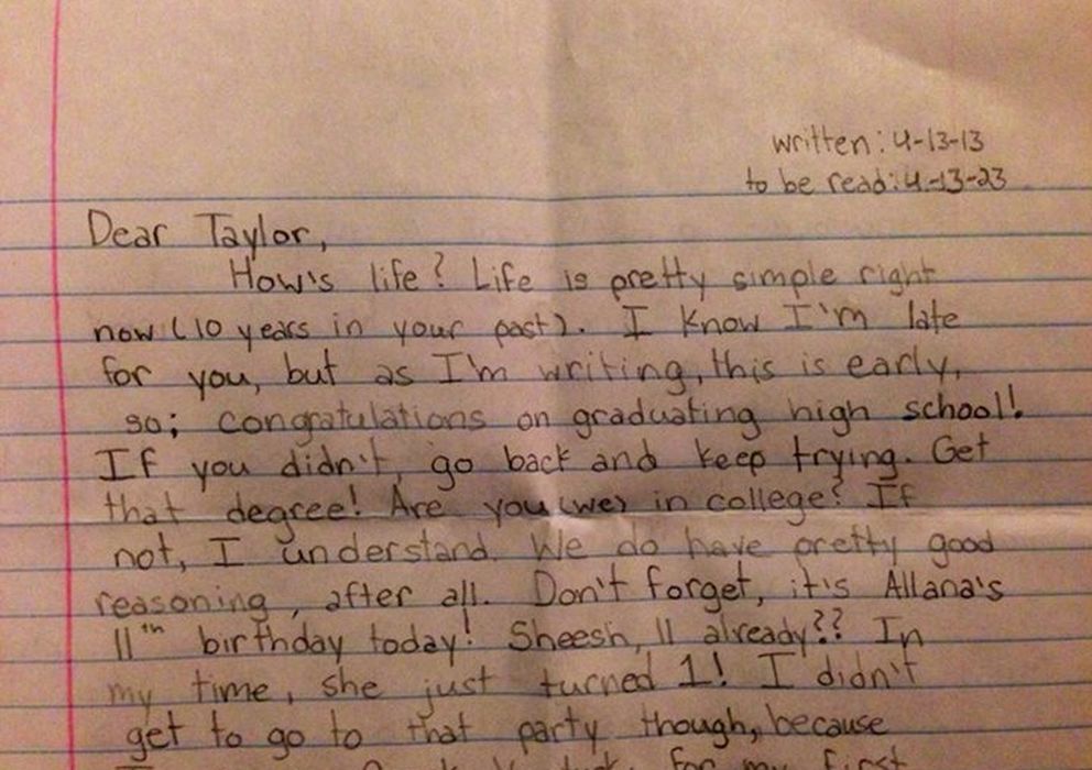 Foto: Encabezado de la carta escrita por la niña de doce años Taylor Smith. (Facebook)
