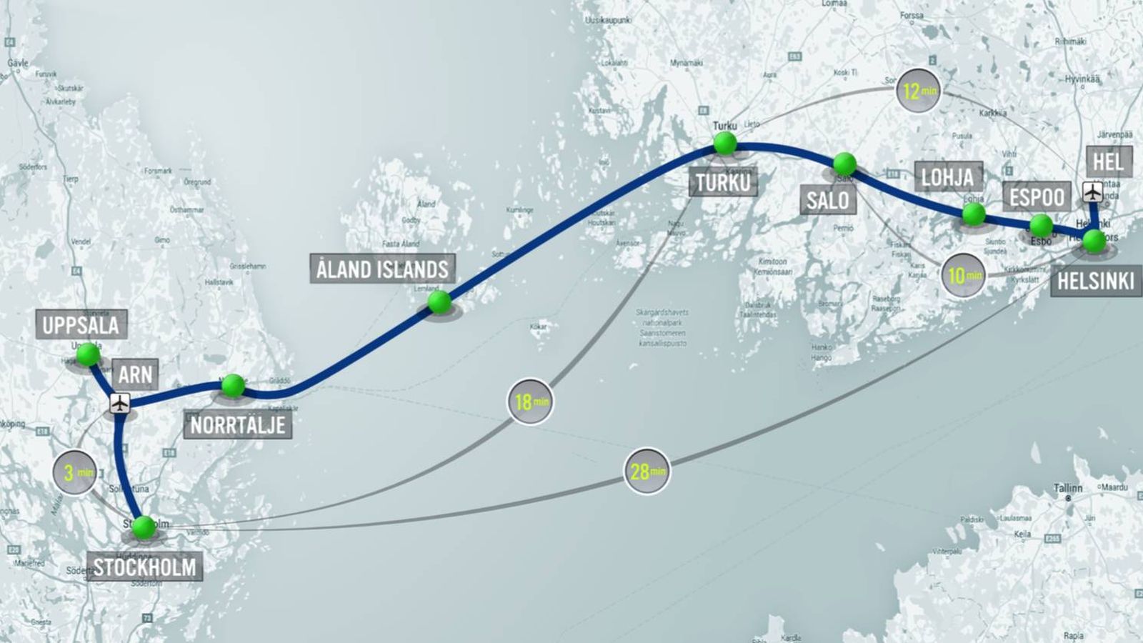 Foto: Mapa del Hyperloop que uniría Finlandia con Estocolmo. (Imagen: Hyperloop One)