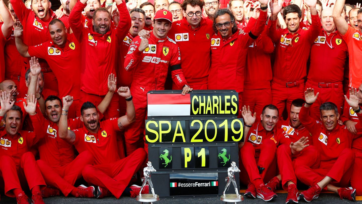 Celebración de Ferrari tras la victoria de Charles Leclerc en el GP de Bélgica 2019. (Reuters)