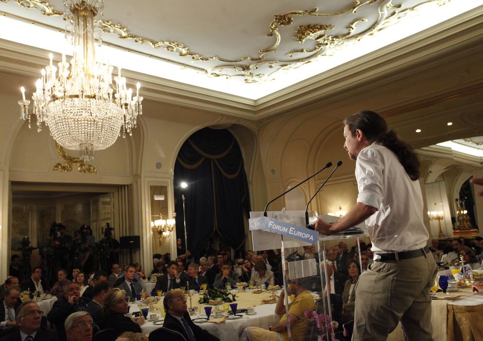 Foto: Pablo Iglesias, ayer durante su discurso en la tribuna de Nueva Economía, en el hotel Ritz (E. Villarino)