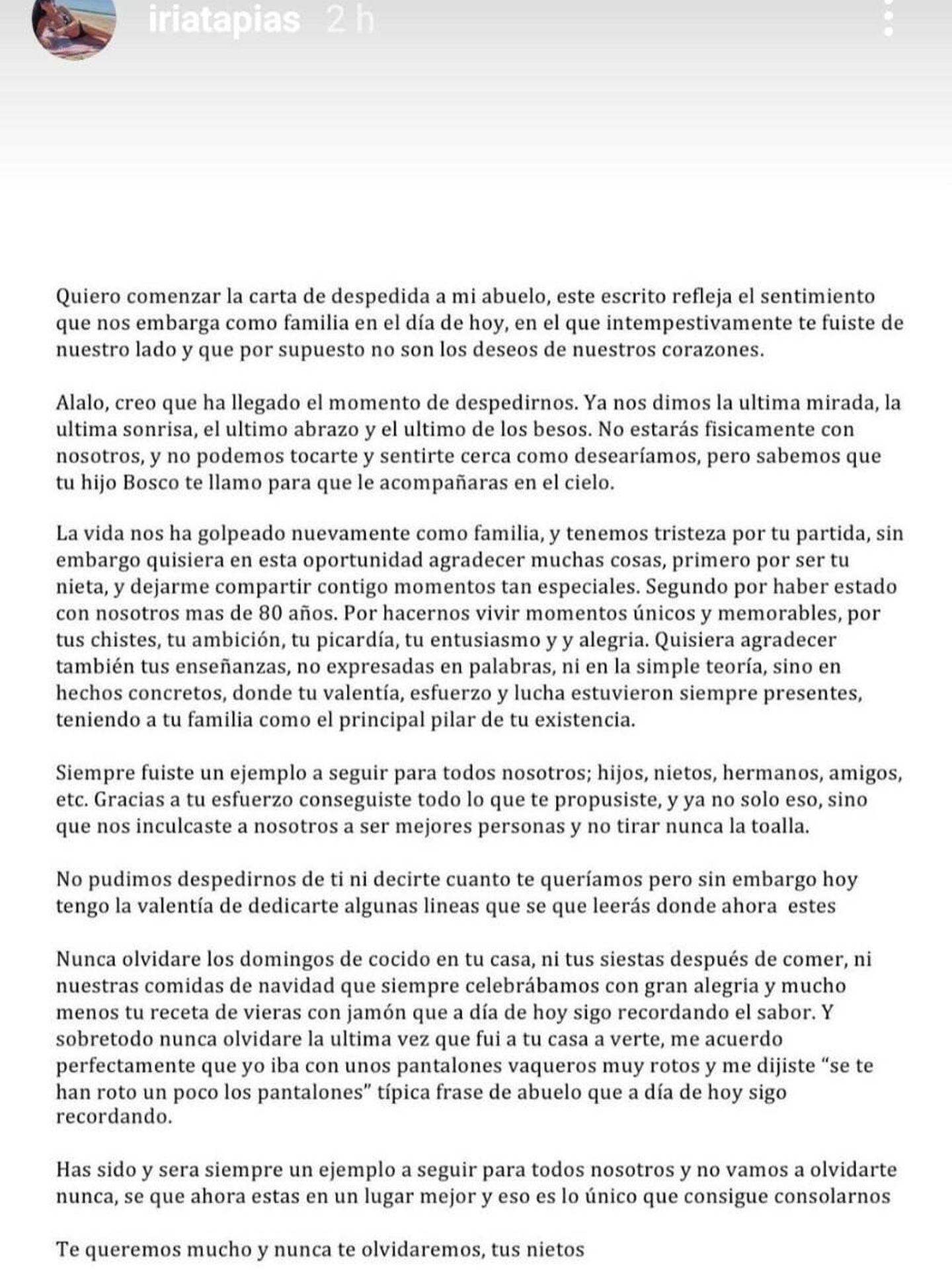 Carta de Iria Fernández-Tapias a su abuelo. (Redes sociales)