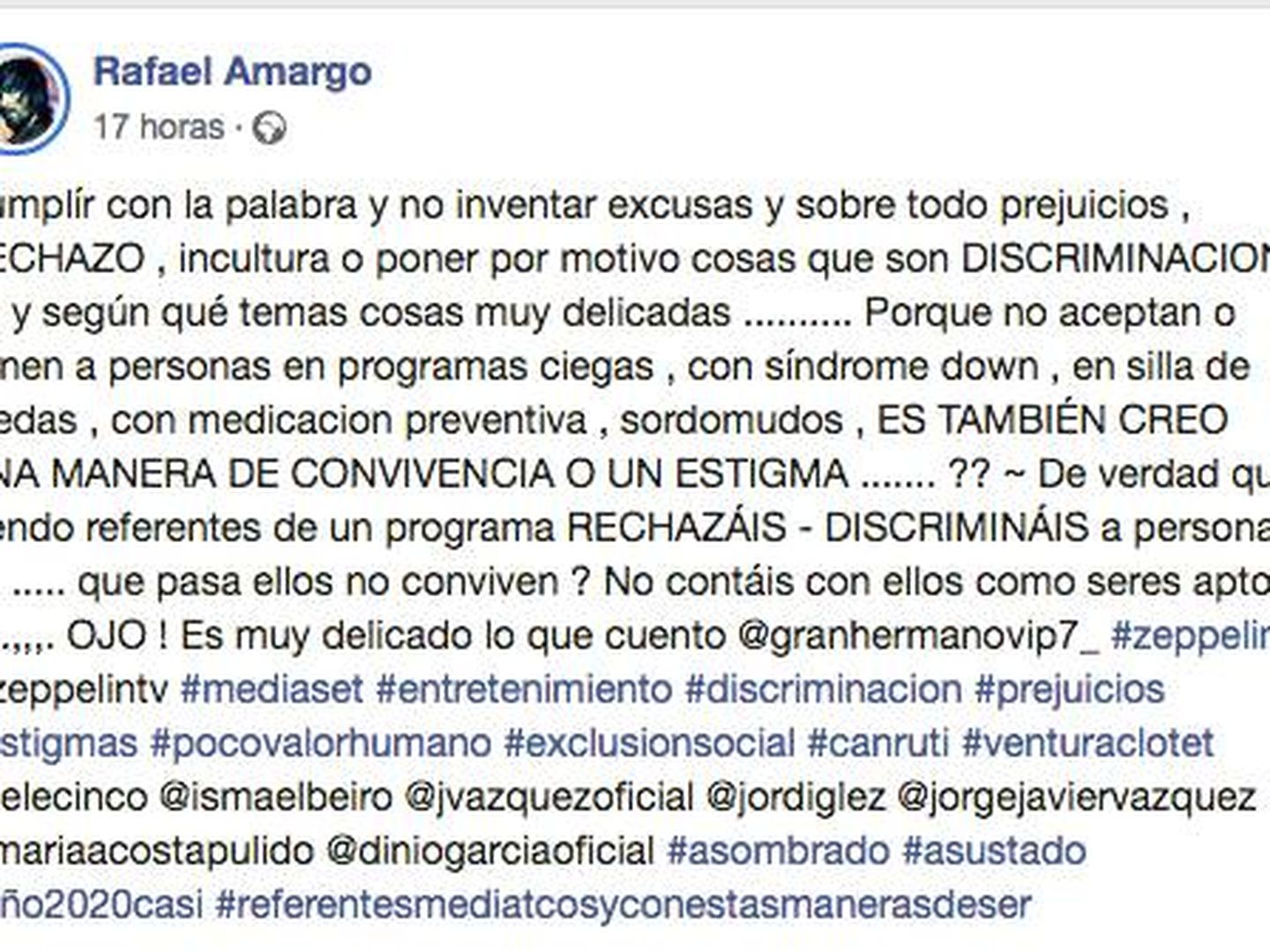 Captura del polémico mensaje de Rafael Amargo. (Facebook)